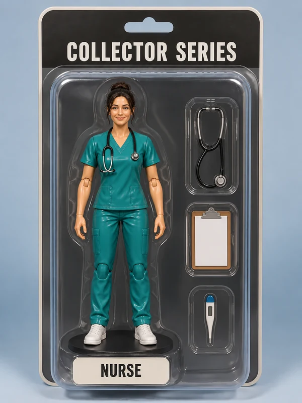 Nurse action figure in a clear blister pack with matching accessories and a nurse nameplate