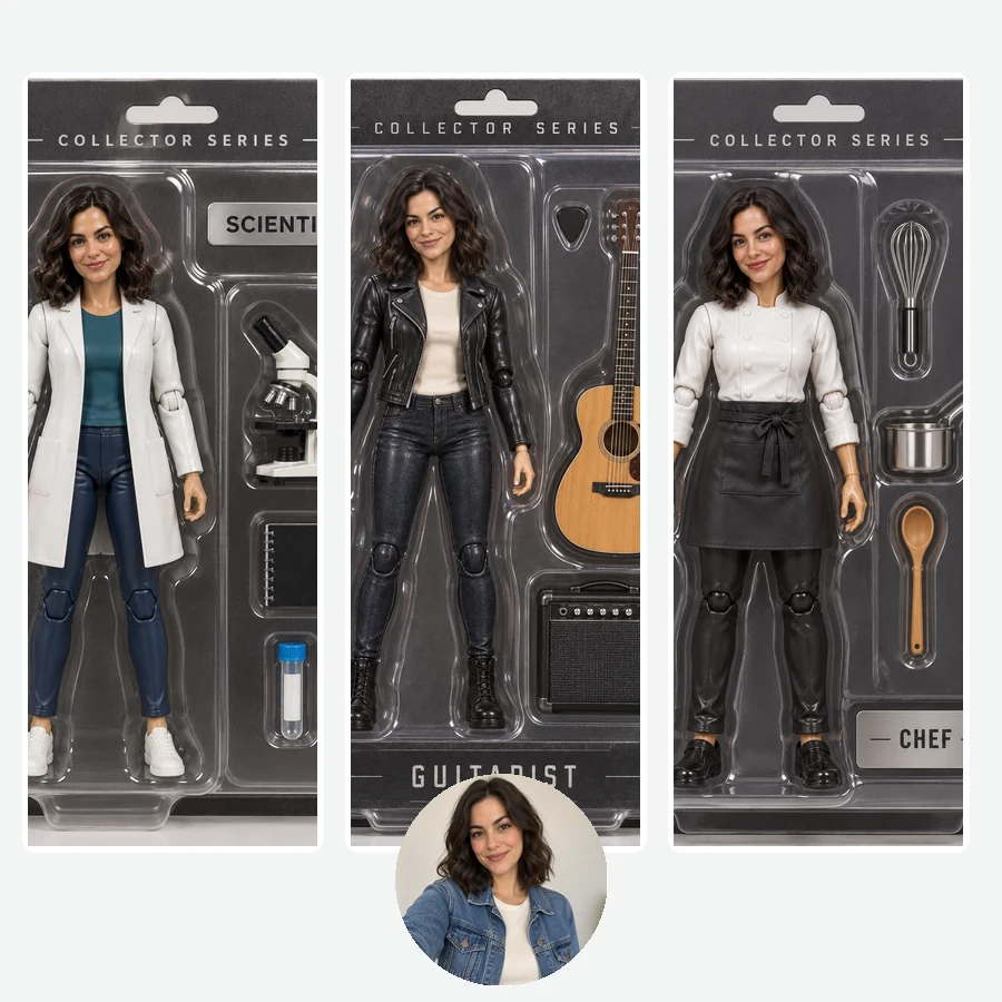 A woman’s portrait with arrows to three boxed figures of her with lab, music, and kitchen accessories