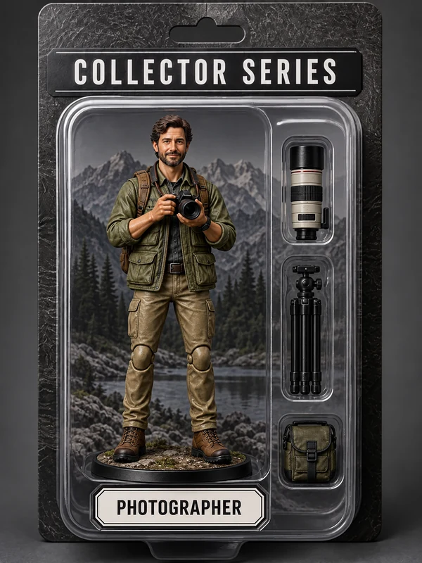 Photographer action figure in a clear blister pack with matching accessories and a photographer nameplate
