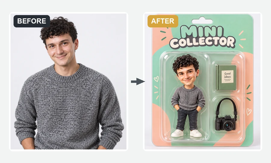 A young man’s photo and his cartoon 3D figure in a pastel blister pack