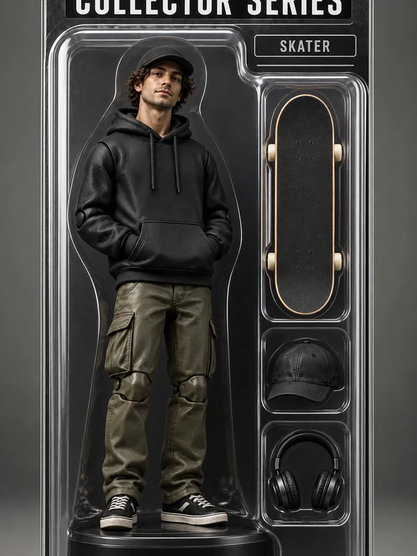 Skater action figure in a clear blister pack with matching accessories and a skater nameplate