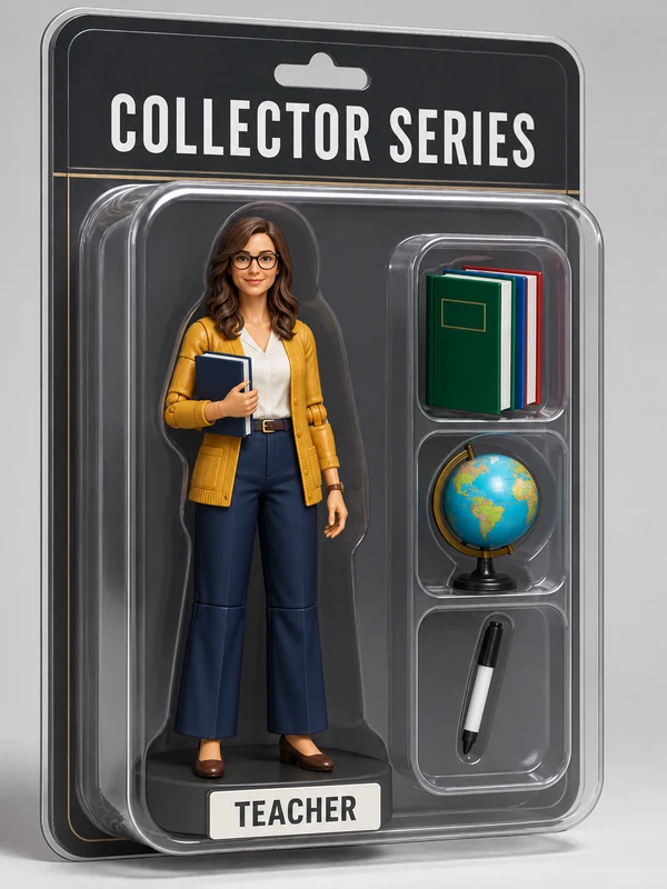 Teacher action figure in a clear blister pack with matching accessories and a teacher nameplate
