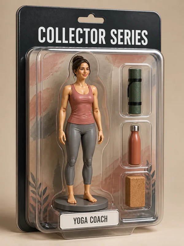 Yoga Coach action figure in a clear blister pack with matching accessories and a yoga coach nameplate