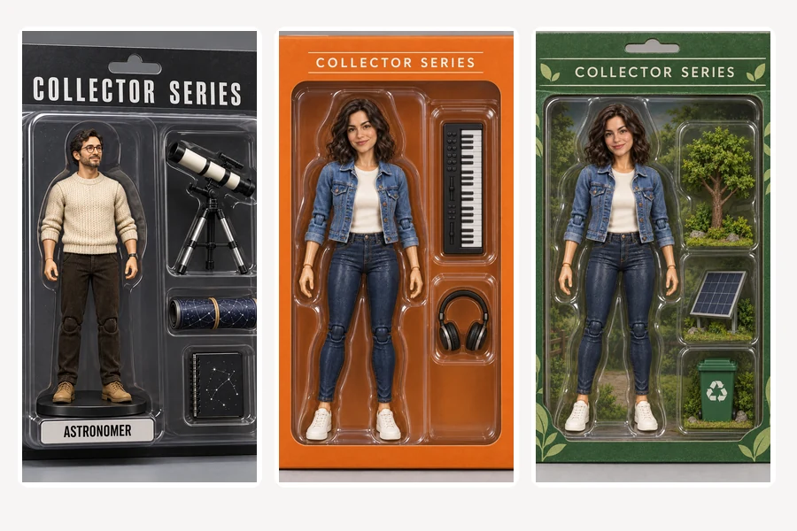Three packaging styles: a barista figure in a blister pack, a musician in an orange window box, and an eco figure in a green diorama box