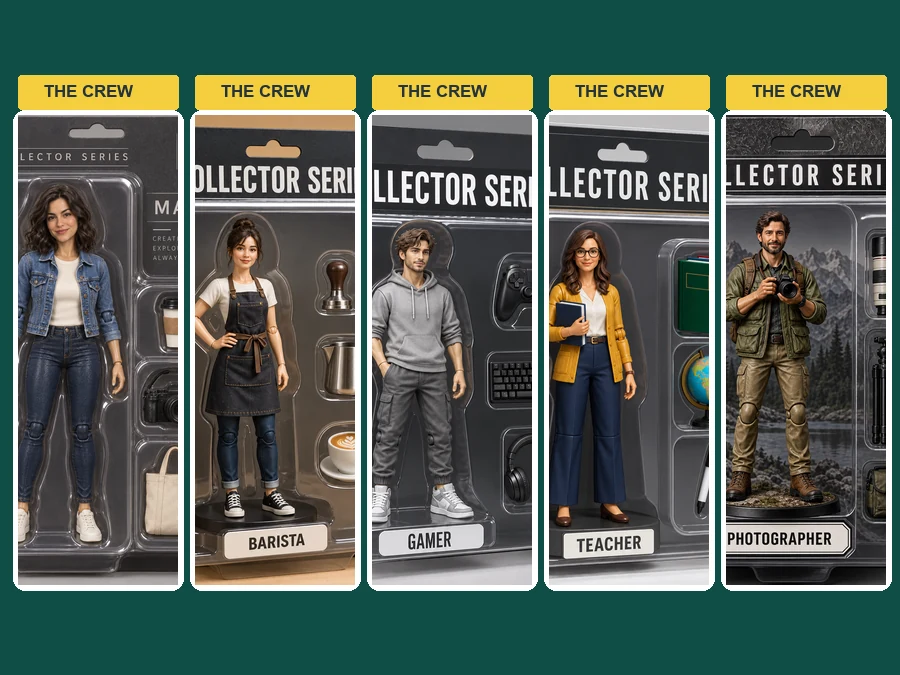 Five teammates as matching boxed action figures on yellow-and-black backer cards