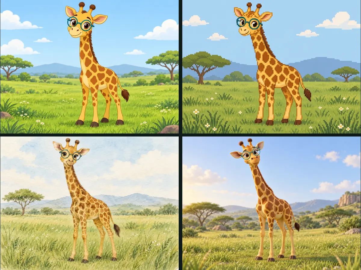 Animals in four styles: a cartoon giraffe, a pixel art panda, a watercolor fox, and a 3D panda