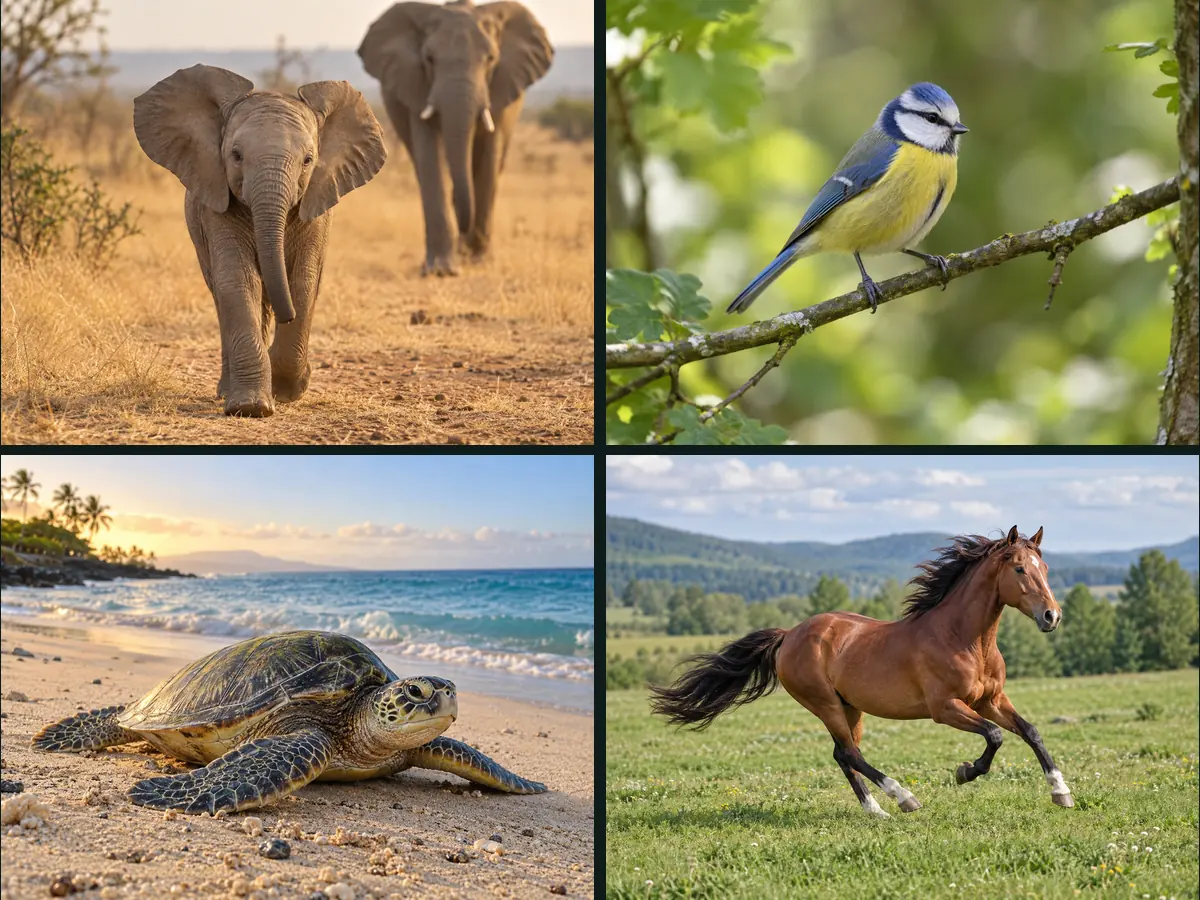 Four AI generated animals: an elephant, a bluebird, a sea turtle on a beach, and a galloping horse