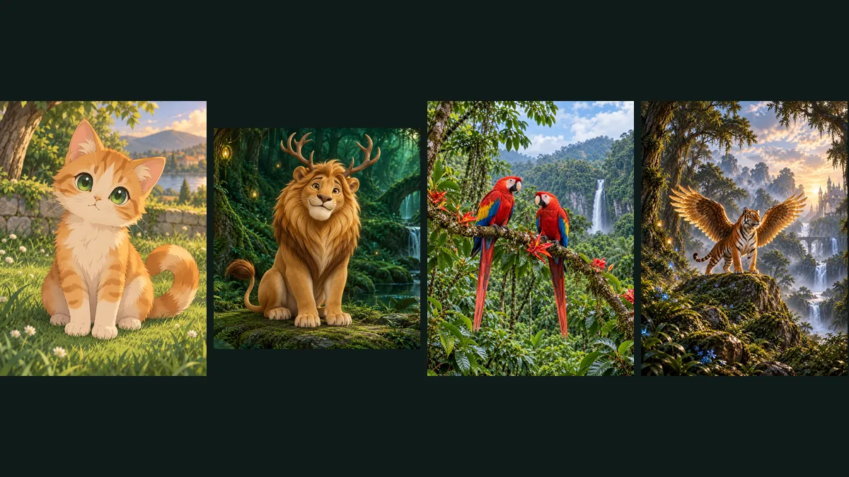 AI animal art for different uses: an anime cat, a storybook lion, macaws, and a winged tiger