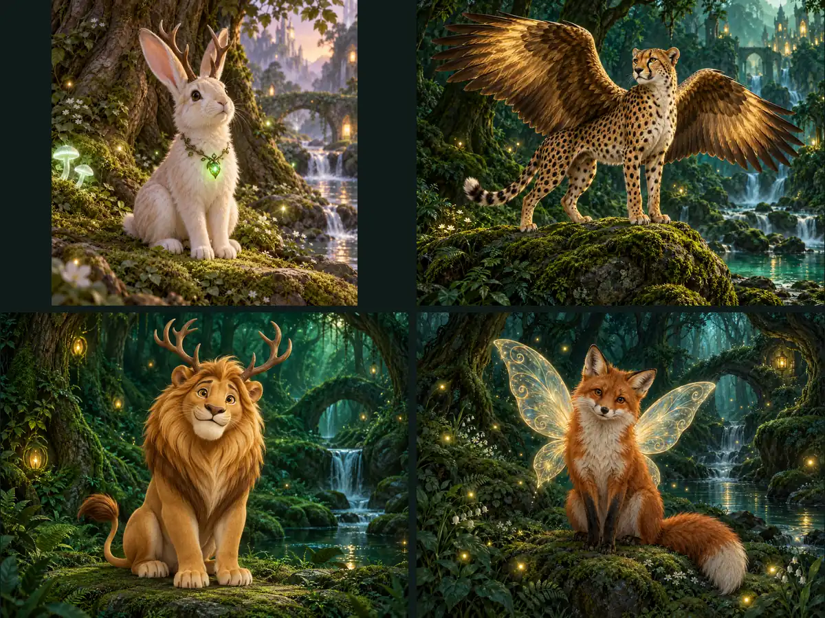 Imaginary AI animals: a rabbit with antlers, a winged cheetah, a lion with deer antlers, and a fantasy fox
