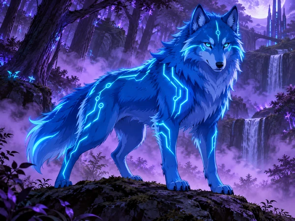 Cyberpunk wolf with electric blue fur and glowing circuit markings