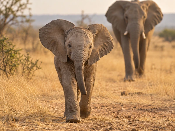 AI generated elephant walking through a dusty savanna
