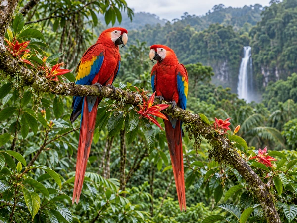 Two colorful macaws perched on a branch among tropical flowers