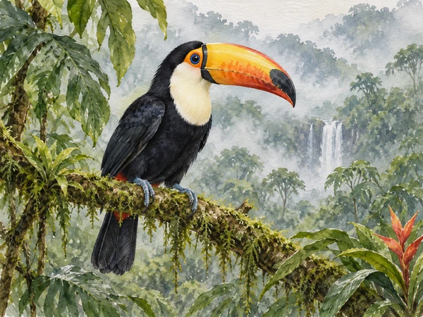 Toucan with a colorful beak perched on a mossy branch in a rainforest