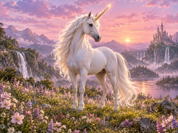 White unicorn with a silver horn in a flower meadow under a pastel sky