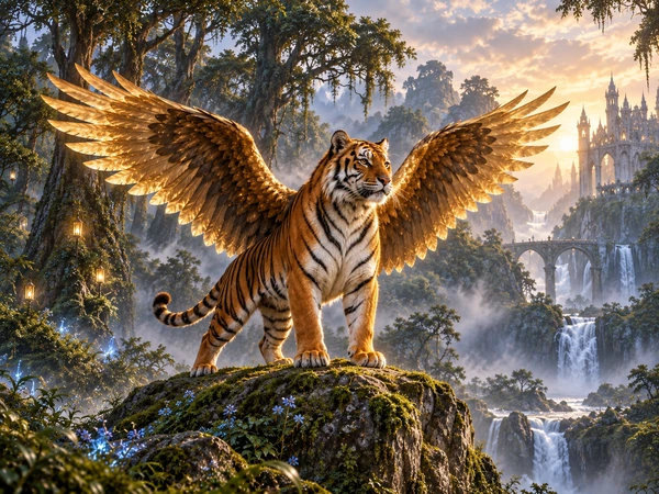 Imaginary animal: a tiger with large eagle wings on a rock