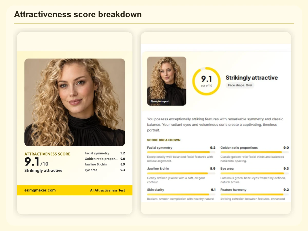 AI face rating report with a 9.1 out of 10 attractiveness score and six sub-scores from symmetry to feature harmony