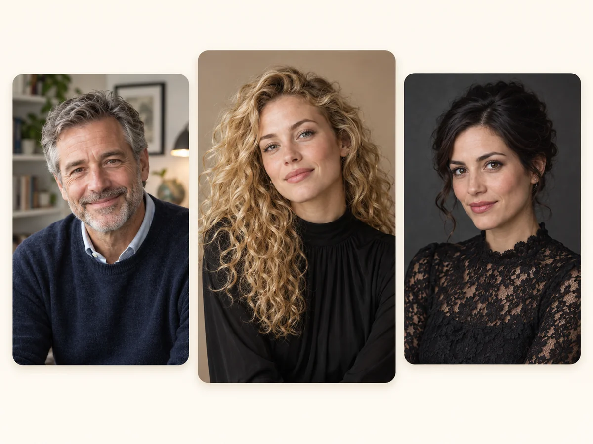 Three adult portraits of different ages and styles ready for a face attractiveness test