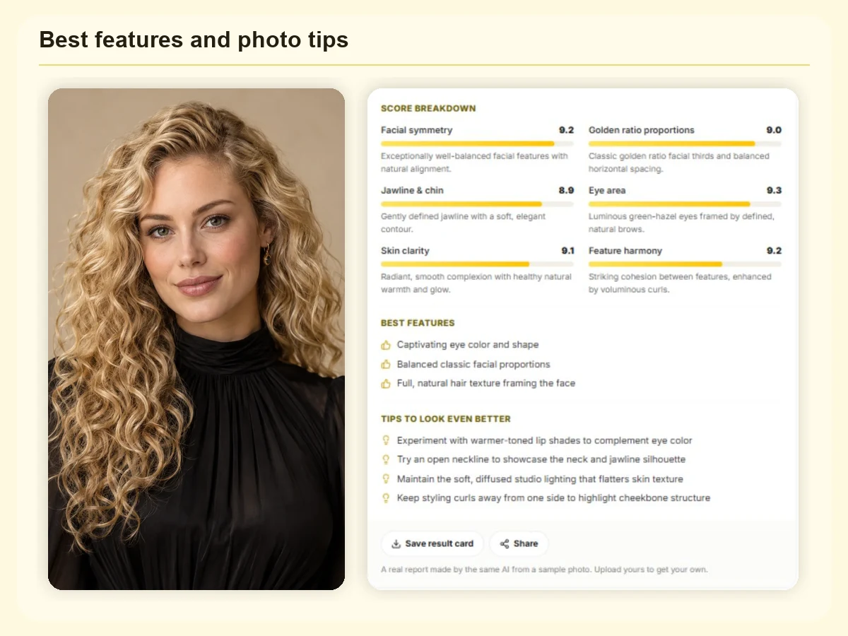 Attractiveness test report listing three best features and four tips to look better in photos