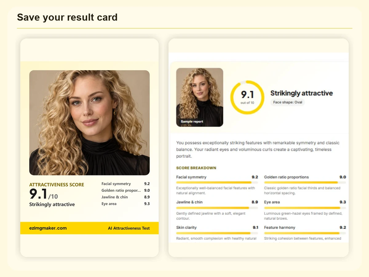 Shareable face rating card with photo, 9.1 out of 10 attractiveness score and top four sub-scores