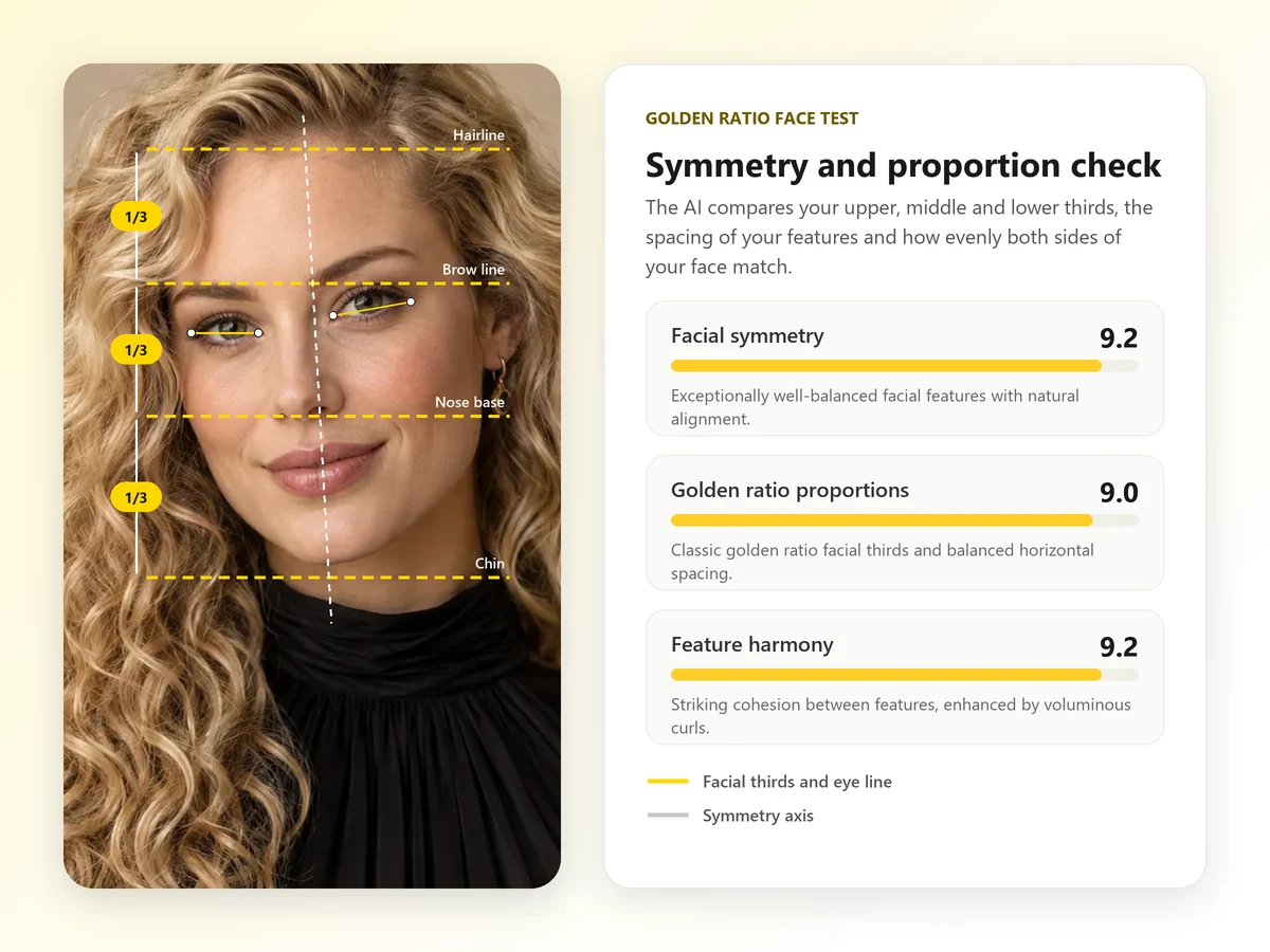 Golden ratio face test on a portrait: facial thirds lines, eye line and symmetry axis next to symmetry and proportion scores
