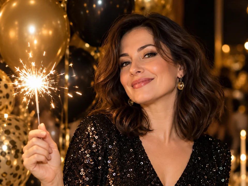 Woman in a black sequin top holding a sparkler among black and gold birthday balloons