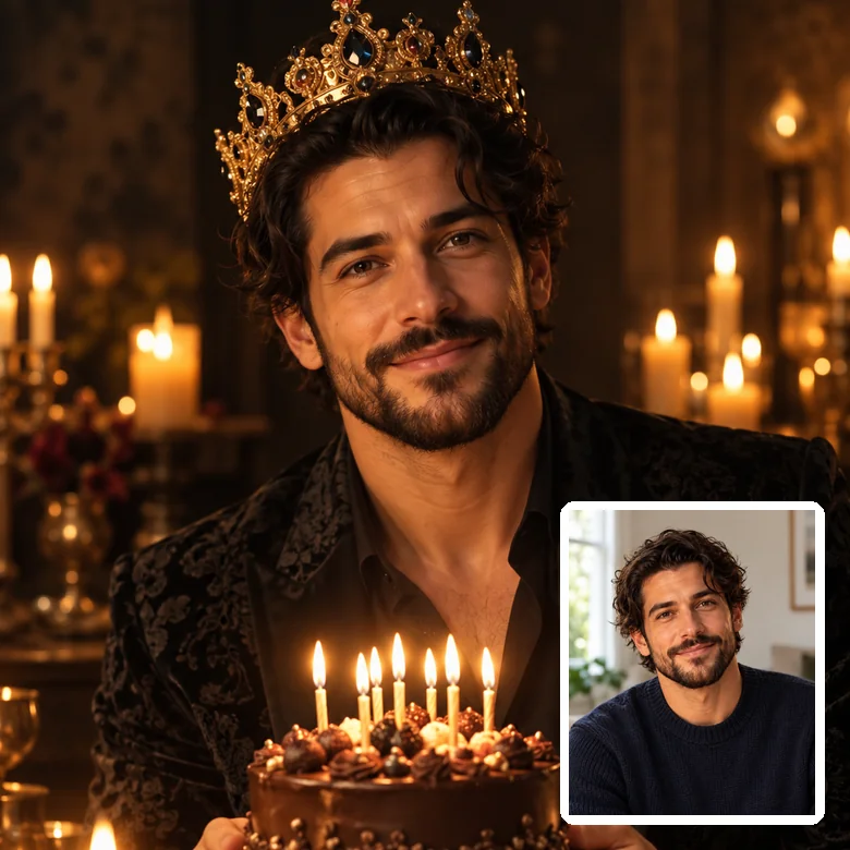 AI birthday photo of a man in a gold crown holding a cake with candles, original photo inset