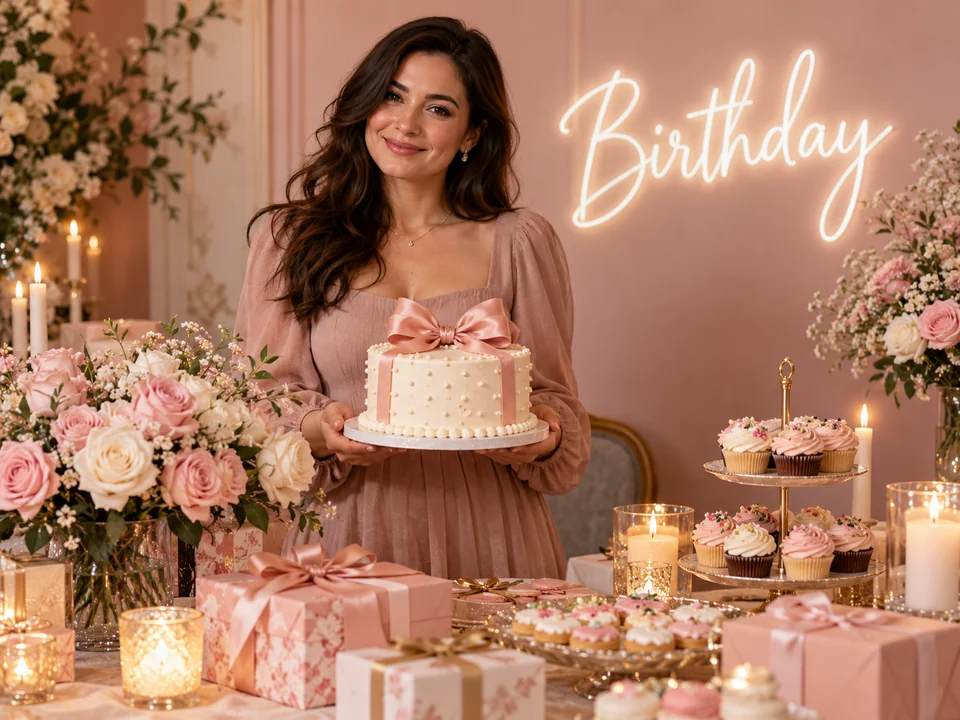 Birthday table with a neon Birthday sign, roses, gifts, cupcakes and a woman holding a cake with candles