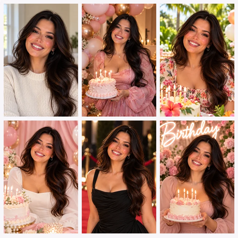 One selfie turned into five AI birthday photos: tropical garden, balloon arch, princess, red carpet and cake table