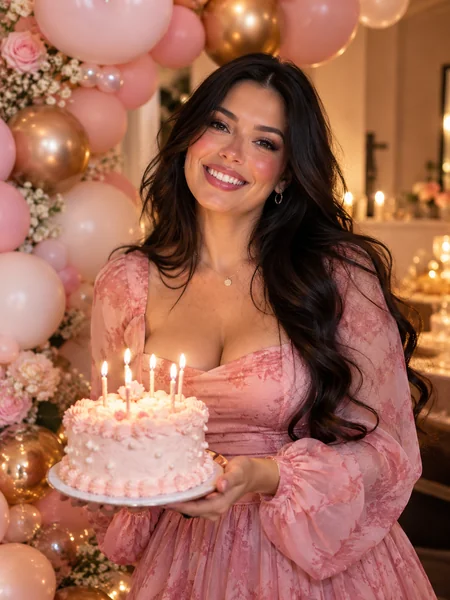 AI birthday photo of a woman in a pink dress holding a cake in front of a pink balloon arch
