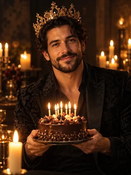 Man wearing a gold crown holding a birthday cake with candles in a candle-lit room