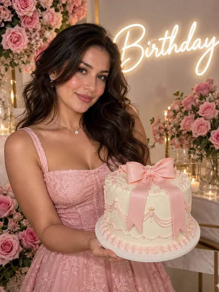 Woman smiling over a birthday cake with candles under a white neon Birthday sign and roses