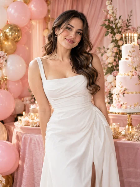 Woman in a white gown at a pink birthday party with balloons and tiered cakes