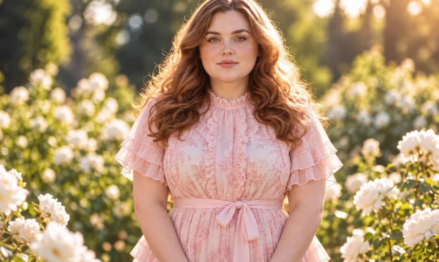 Drag to compare the woman in a pink dress before and after a subtle slimmer-look edit (after)