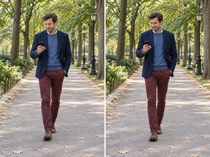 A man in a blazer walking on a tree-lined path, shown before and after a look-taller body edit