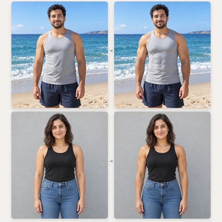 A man at the beach and a woman in a studio, each shown before and after a natural AI body edit