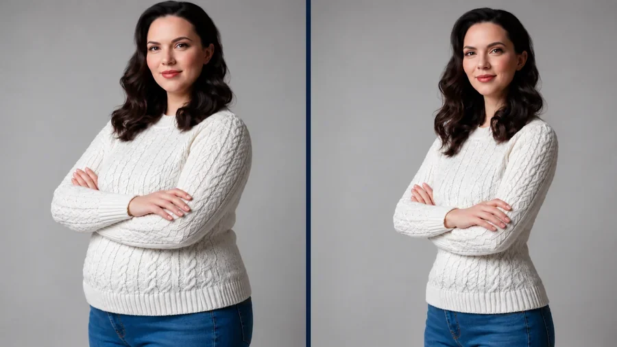 The same woman in a white sweater before and after a natural body shape edit, face and background unchanged