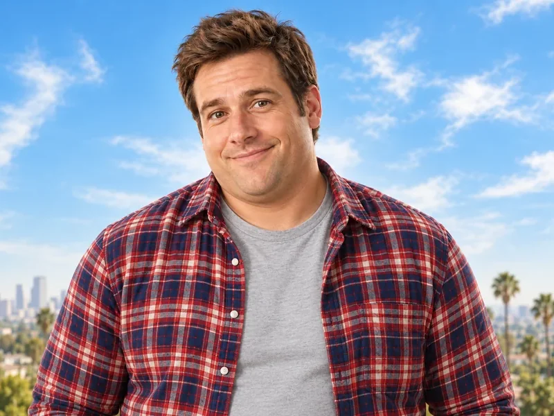 Drag to compare the man in a plaid shirt before and after a fuller-build edit (after)
