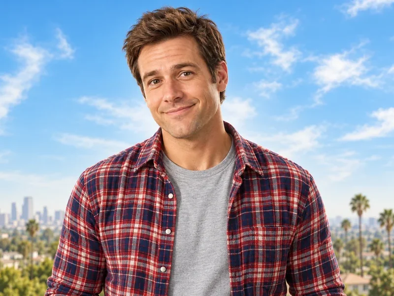 Drag to compare the man in a plaid shirt before and after a fuller-build edit (before)