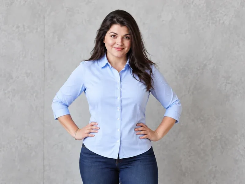Drag to compare the woman in a blue shirt before and after a subtle slimmer-look edit (after)