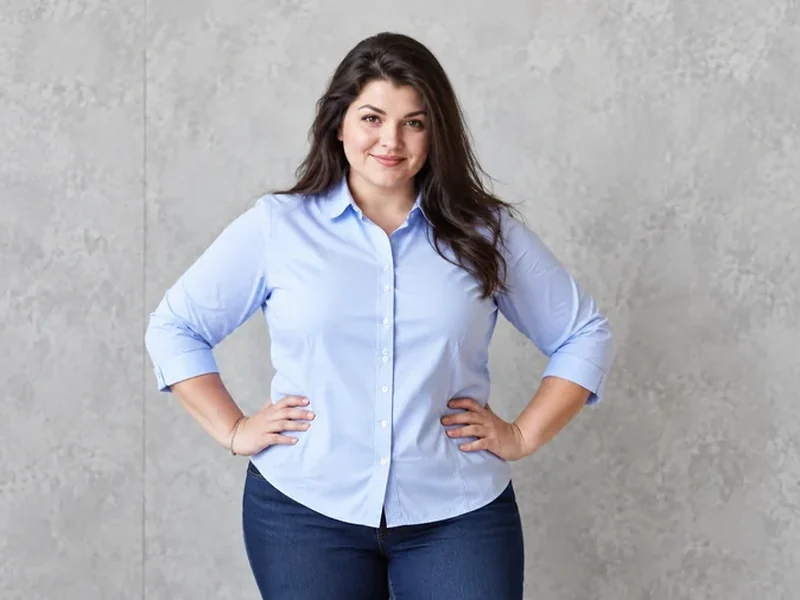 Drag to compare the woman in a blue shirt before and after a subtle slimmer-look edit (before)