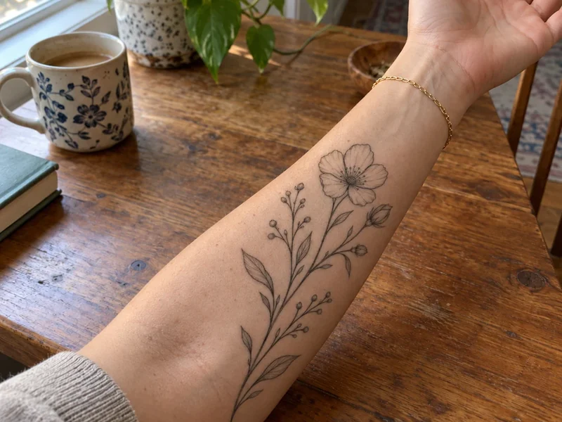 Drag to compare a bare forearm with the same arm wearing a fine-line botanical tattoo (after)