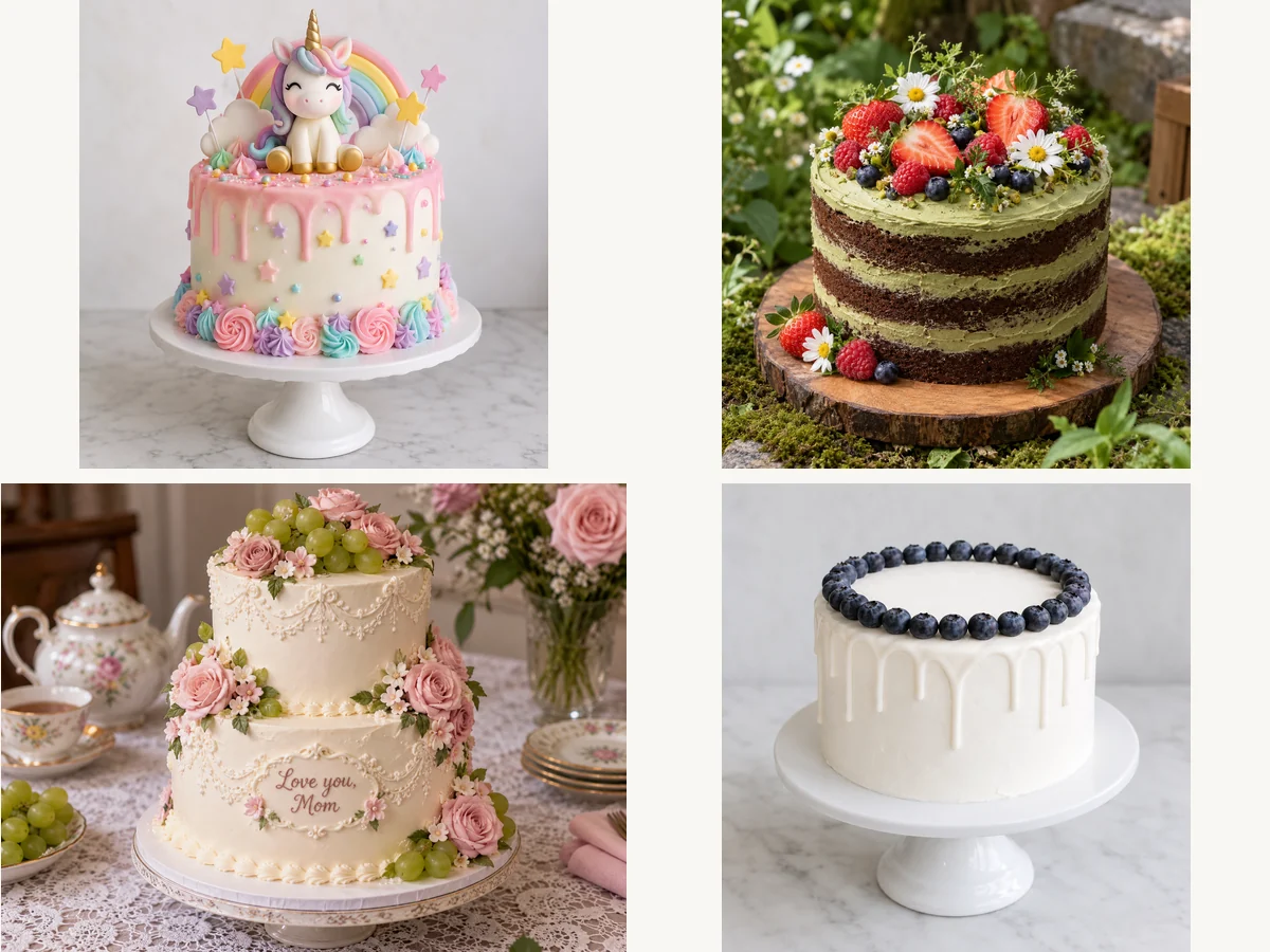 Four cake design drafts: a kids animal cake, a matcha berry cake, a tea party floral cake, and a blueberry cream cake