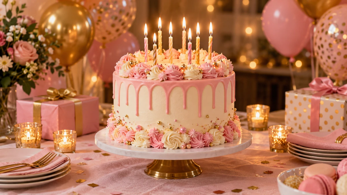 Birthday cake with lit candles on a party table with soft pink bokeh lights