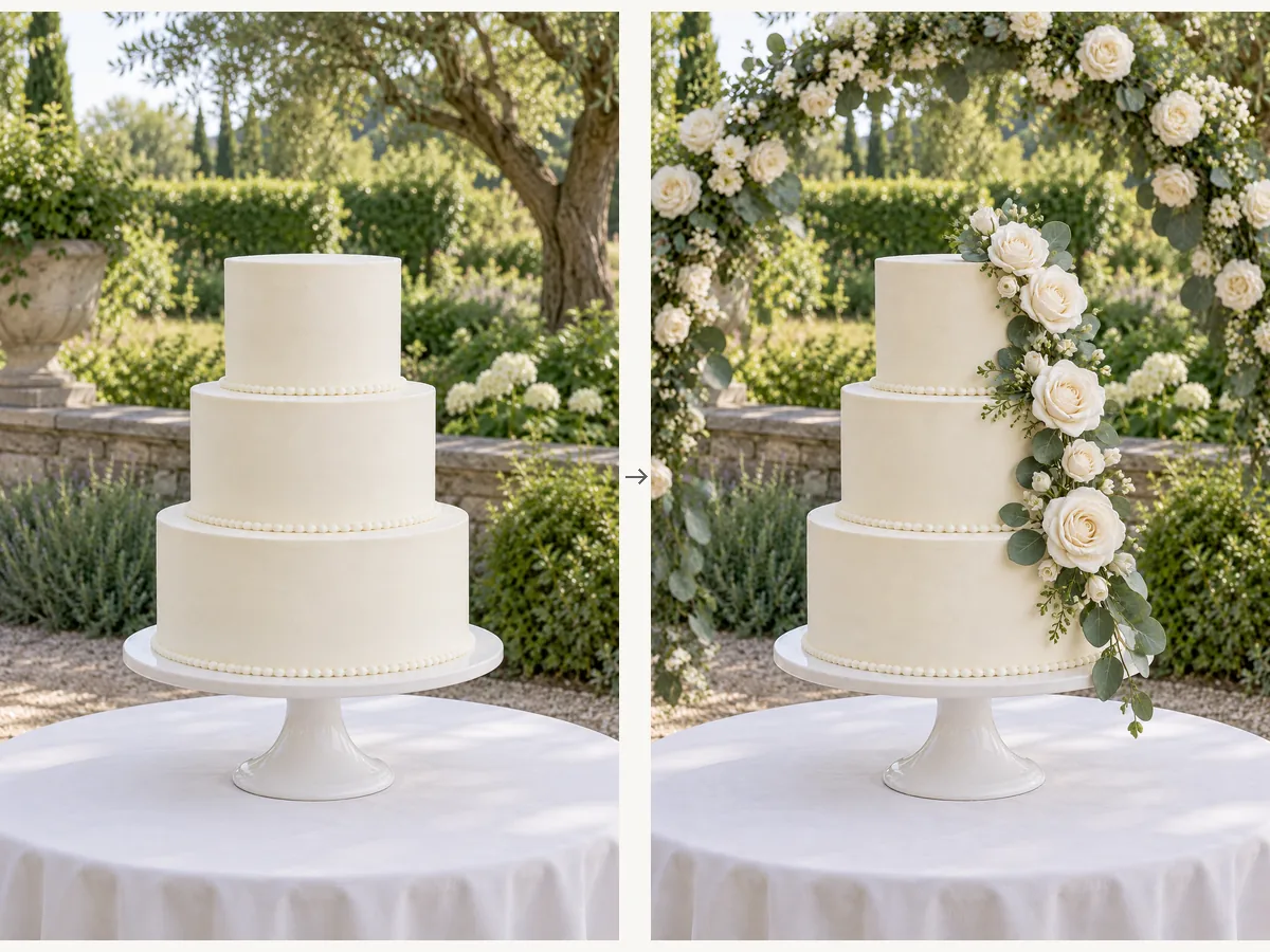 A reference wedding cake photo next to its redesigned version with flowers under a floral arch