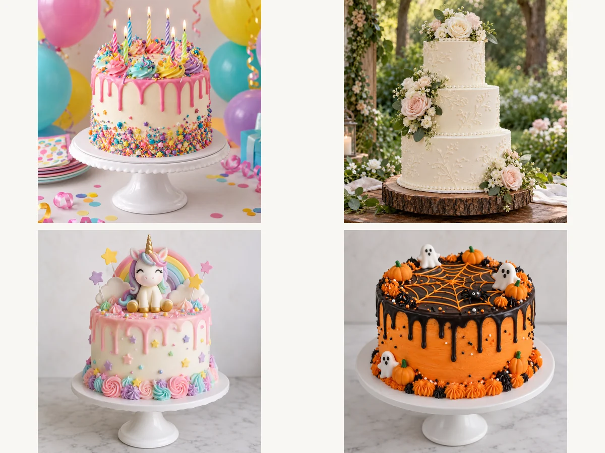 Four AI generated cakes: a colorful birthday cake, a white wedding cake, a kids animal cake, and a Halloween cake
