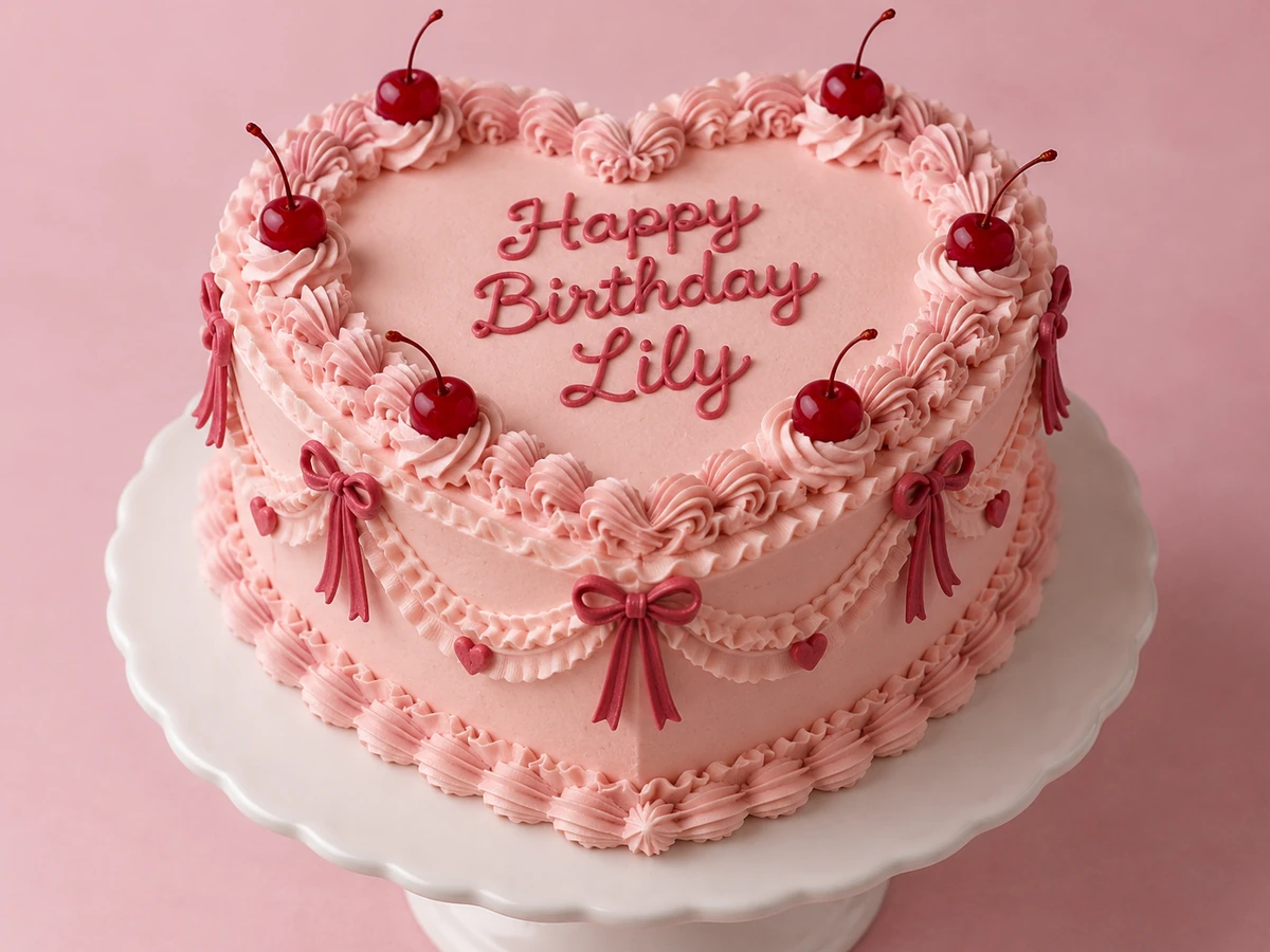 Heart-shaped pink cake with Happy Birthday and a name piped on top