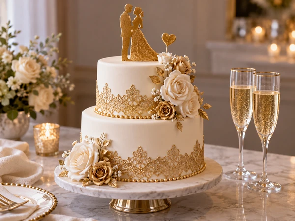 Two-tier white and gold anniversary cake with roses and a couple silhouette topper