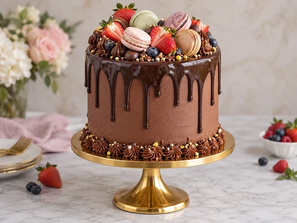 Chocolate drip cake topped with macarons on a gold cake stand