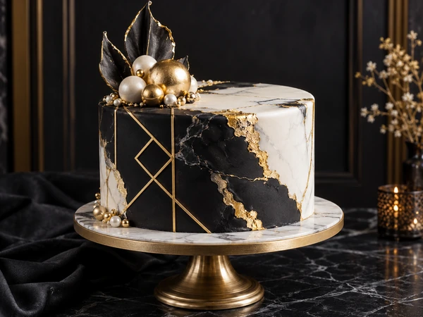 Single-tier black and white fondant cake with geometric gold patterns