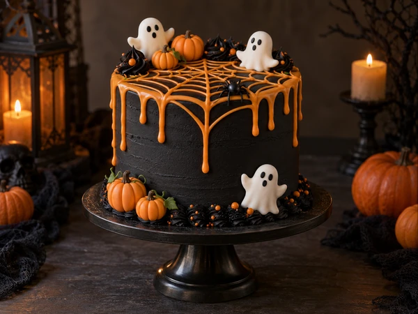 Halloween cake with an orange spider web, fondant ghosts, and pumpkins